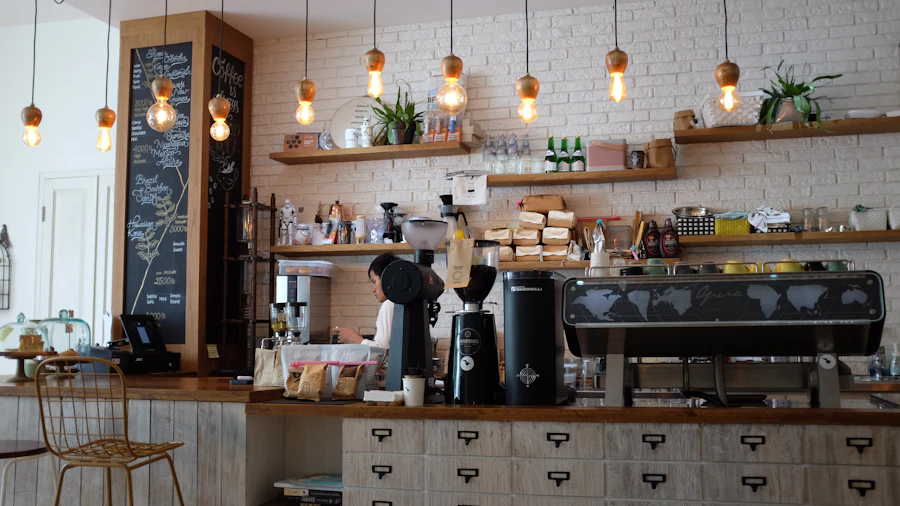 Warm, dim café interior with leather seating and warm light